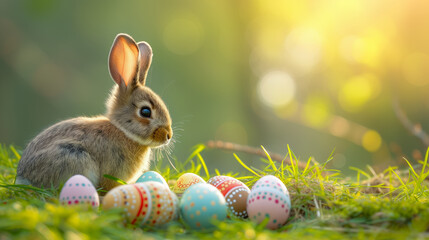 Wall Mural - A bunny beside colourful Easter eggs on a grassy field, symbolizing the holiday's festive spring celebration. Ai generative