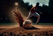 © Joseph - Sports, pitch and baseball ball in air, pitcher throwing it in match, game or practice in outdoor field. Fitness, exercise and training on baseball field with player in action,. Generative AI