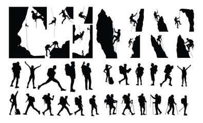 big set of mountaineer climber hiker people, vector silhouette collection