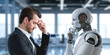 © ImageFlow - Pensive man and robot portraits in office hall. Ai generative illustration
