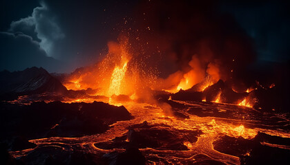 Canvas Print - Burning mountain erupts, glowing inferno lights up dark night generated by AI