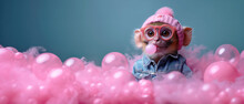 an anthropomorphic monkey in denim clothes make a bubble gum bubble, solid background, copy space