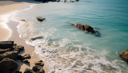 Sticker - Idyllic summer coastline blue waves break on sandy beach generated by AI