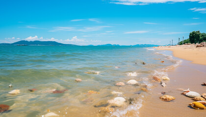 Poster - Tropical coastline, blue waters, tranquil sunset, green mountains, heaven beauty generated by AI