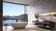 Contemporary bathroom in white marble with bath, panoramic sea view concept quiet luxury, banner