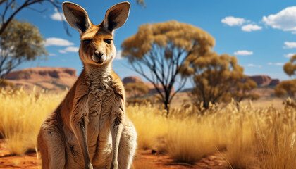 Wall Mural - Cute marsupial sitting in grass, looking at camera in Africa generated by AI