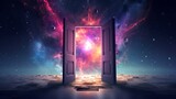 Fototapeta Kosmos - Open doorway to a cosmic landscape, blending fantasy and reality. Concept of imagination, discovery, the unknown, freedom, adventure, mystery, and limitless possibilities.
