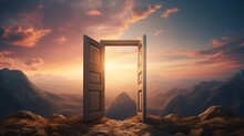 Open Door Atop A Mountain Peak At Sunset. Concept Of Freedom, Travel, Adventure, Discovery, Opportunity, New Beginnings, The Unknown, Mystery, Exploration, And Limitless Possibilities.