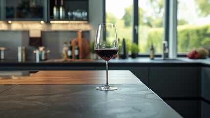 Wine glass on a modern kitchen counter, showing the elegance of wine in a contemporary setting generative ai