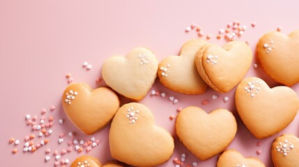 Poster - A bunch of heart shaped cookies with sprinkles on a pink background, AI