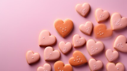 Poster - A bunch of heart shaped cookies on a pink background, AI