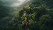 A remote indigenous village nestled deep within the lush jungle, surrounded by towering trees, dense foliage