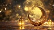 gold and yellow color islamic concept Ramadan and Eid al-Fitr 3d image, golden half moon with date and lantern lights new decoration Eid al-Fitr image - generative ai