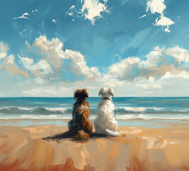 Two dogs on the beach, artwork, oil on canvas