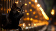 Un chat noir, perché sur un mur de briques, observe la rue animée en dessous, ses yeux brillants reflétant la lueur des lampadaires.