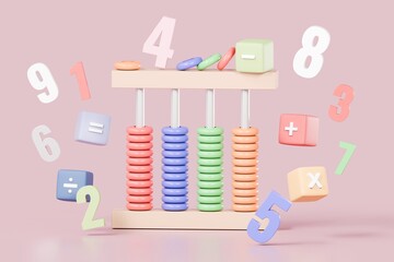 Poster - 3d minimal cartoon abacus with mathematic cube icon. arithmetic game learns counting number education concept.3d minimal cartoon creative style isolated pink pastel background. 3d rendering.