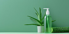Pump Bottle Of Aloe Vera On Green Background With Copy Space 