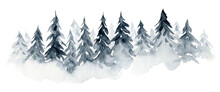 Mist Watercolor Illustration Of Textured Gray Blue Coniferous Fir Forest Landscape. Monochrome Foggy Pine Trees Texture For Winter Christmas Design, Print, North Landscape Banner