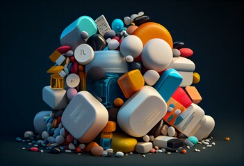 Wall Mural - Big heap of various pills and tablets packs and blisters. High quality 3d render. Generative AI