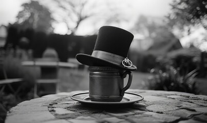 Leprechaun hat and pot of gold closeup. Monochrome photo