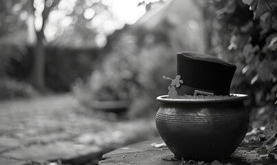 Leprechaun hat and pot of gold closeup. Monochrome photo