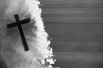 Wall Mural - Christian Cross in white ashes on wooden desk