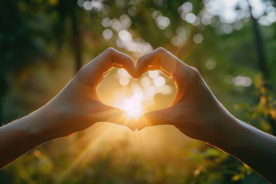 Two hands are getting heart shape formation with the sun light passing through the hands.