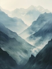 Poster - Dawn breaks over mountains, soft colors and gentle light, tranquil morning scene