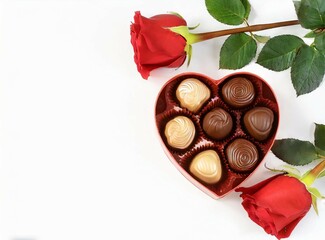 Poster - Heart shaped red box of chocolate bonbons and red roses on white background with copy space for design.