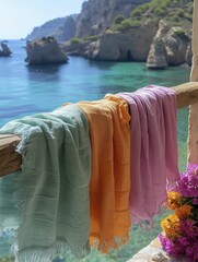 Canvas Print - Minimalist vacation theme with colorful towels on balcony, sea breeze present