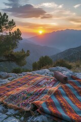 Canvas Print - Patterned towel at mountain sunset, minimalist view, serene escape