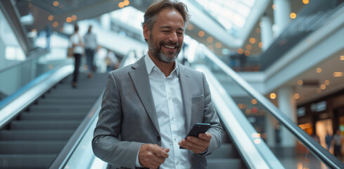 a businessman going down the escalator and using a smartphone