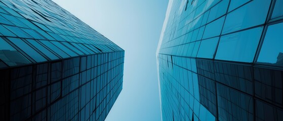 Sticker - Looking Up at Reflective Glass Skyscraper Facades