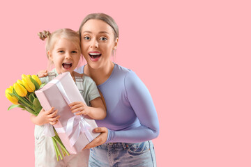 Sticker - Little girl with her mother, tulips and gift box on pink background. International Women's Day