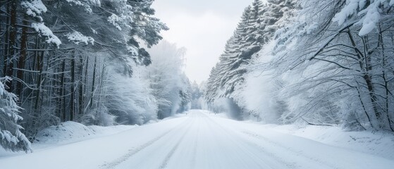 Poster - Snow-Covered Winter Road Surrounded by Forest