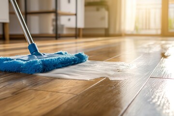 Floor cleaning with mob and cleanser foam. Cleaning tools on parquet floor