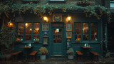 the front side of a traditional green old Pub, London UK, green pub outside in the evening, British pub in the evening at dusk