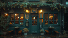 The Front Side Of A Traditional Green Old Pub, London UK, Green Pub Outside In The Evening, British Pub In The Evening At Dusk