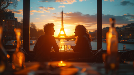 a couple of men and woman having dinner at sunset in Paris France