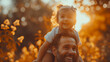 Family, dad and daughter on shoulders in the park, happiness or love in the summer sunshine., baby girl or laugh together for freedom, bond or holding hands for care, backyard or garden at sunset