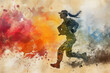 Army woman run in colourful splash watercolor, concept: independence, peace