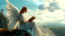 Winged Angel Reading A Book In The Morning. Seamless Looping Time-lapse Virtual 4k Video Animation Background