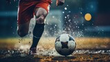 Fototapeta Sport - Close-up of a Leg in a Boot Kicking Football Ball. Professional Soccer Player Hits Ball