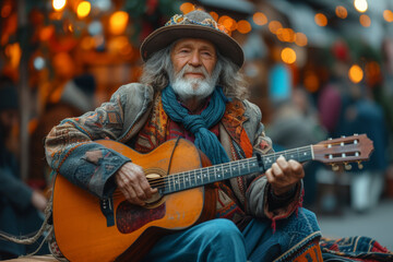 Poster - A candid shot of a street performer absorbed in their art, highlighting the authenticity of public artistic expression. Concept of genuine street performance. Generative Ai.