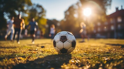 Wall Mural - After game. Closeup soccer ball on grass of football field at crowded stadium