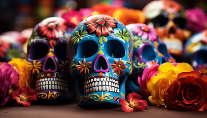 Sticker - Day of the Dead celebration colorful skulls, spooky decorations generated by AI