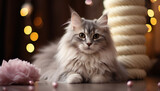 Fototapeta Most - Cute kitten sitting, looking at camera, fluffy fur, playful nature generated by AI