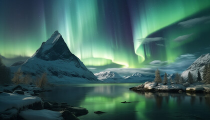 Wall Mural - majestic mountain range reflects tranquil starry night in snowy landscape generated by ai