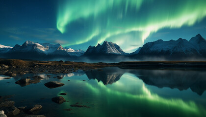 Poster - Majestic mountain peak reflects in tranquil water, nature beauty generated by AI