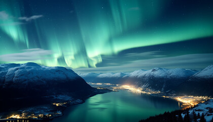 Poster - Majestic mountain peak illuminated by starry galactic night sky generated by AI